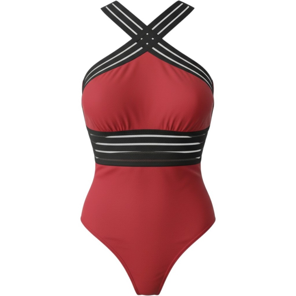 Mycoco Womens Red Black Mesh High Neck Halter One Piece Swimsuit Size L